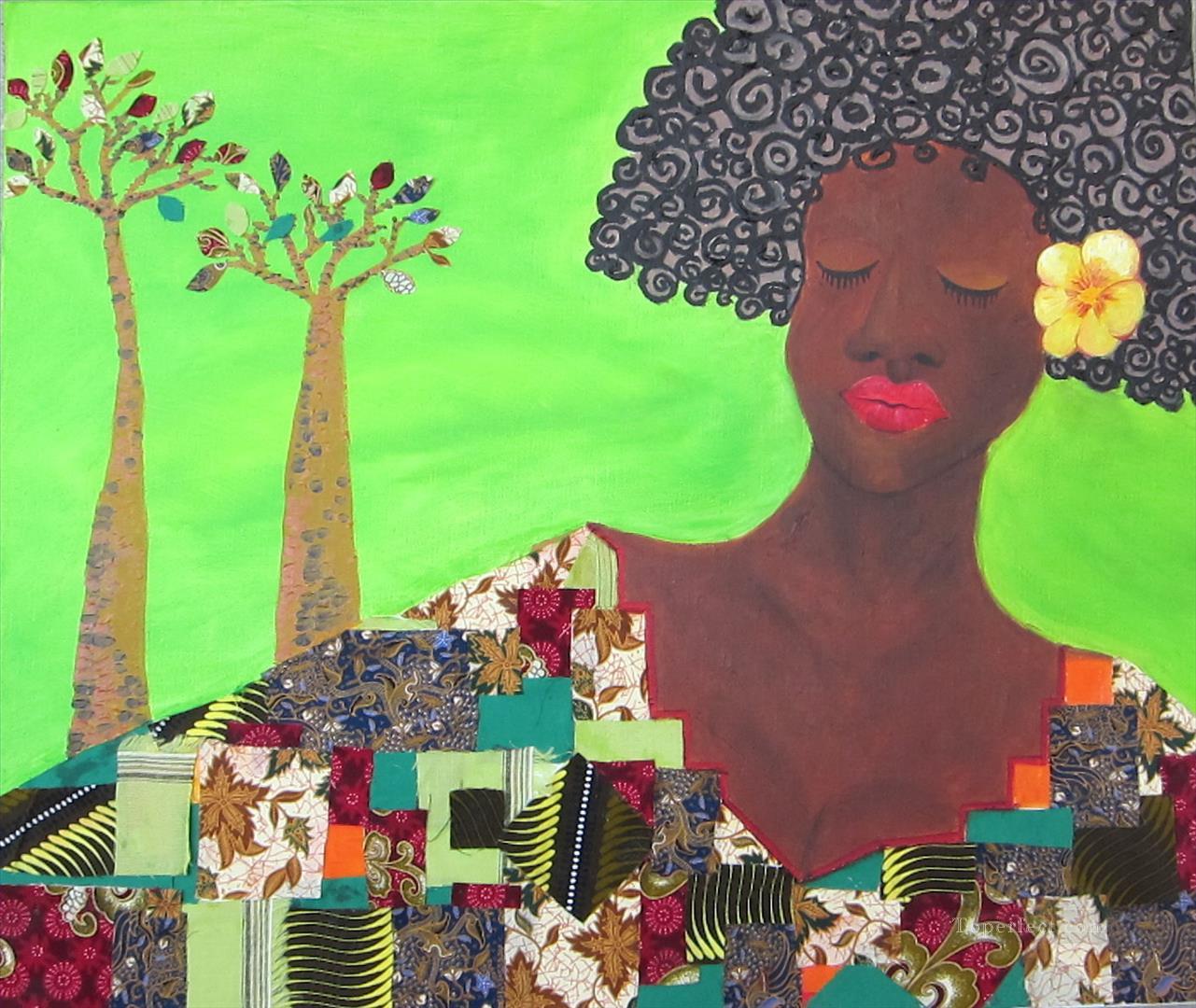 femme noire et arbre dans un décor vert Afriqueine Peintures à l'huile